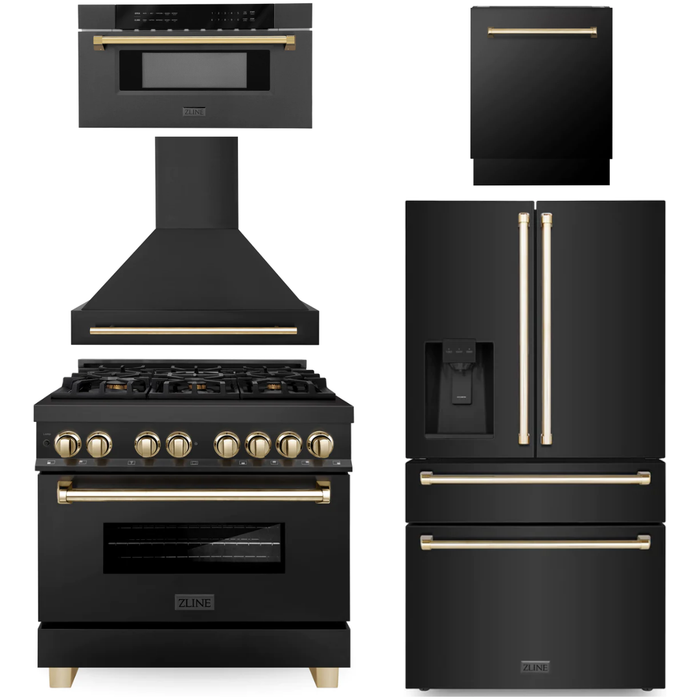 ZLINE Autograph Package - 36 In. Dual Fuel Range, Range Hood, Refrigerator with Water and Ice Dispenser, Microwave and Dishwasher in Black Stainless Steel with Gold Accents