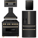 ZLINE Autograph Package - 36 In. Dual Fuel Range, Range Hood, Refrigerator with Water and Ice Dispenser, Microwave and Dishwasher in Black Stainless Steel with Gold Accents