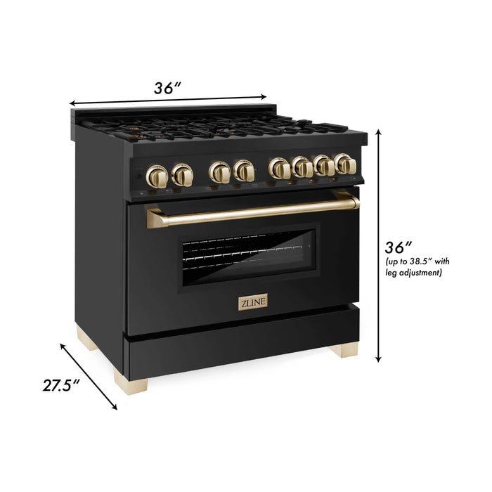 ZLINE Autograph Package - 36 In. Dual Fuel Range, Range Hood, Refrigerator with Water and Ice Dispenser, Microwave and Dishwasher in Black Stainless Steel with Gold Accents