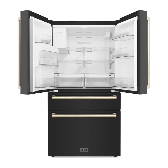 ZLINE Autograph Package - 36 In. Dual Fuel Range, Range Hood, Refrigerator with Water and Ice Dispenser, Microwave and Dishwasher in Black Stainless Steel with Gold Accents