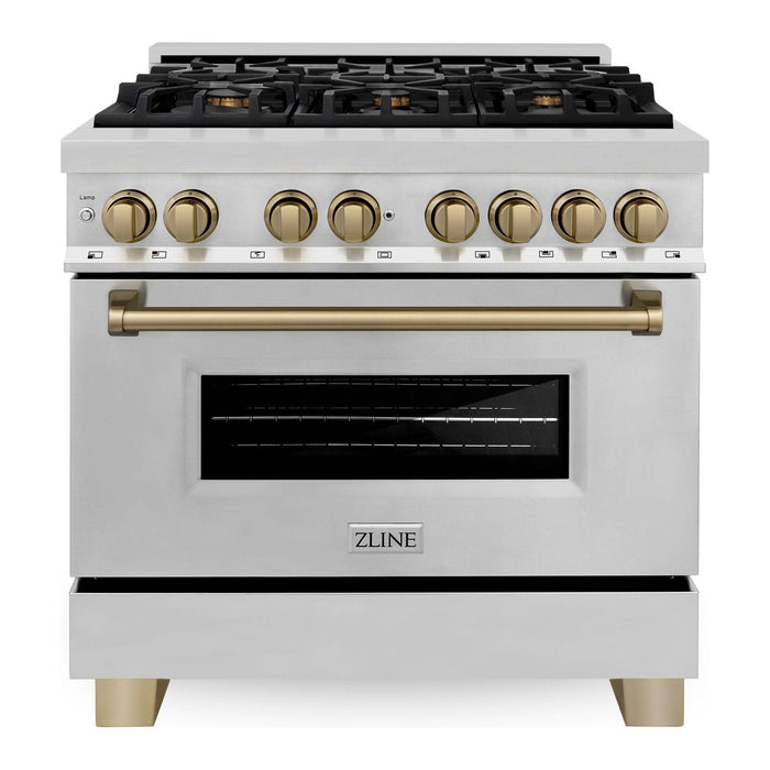 ZLINE Autograph Package - 36 In. Dual Fuel Range, Range Hood, Refrigerator with Water and Ice Dispenser, Microwave and Dishwasher in Stainless Steel with Bronze Accents