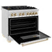 ZLINE Autograph Package - 36 In. Dual Fuel Range, Range Hood, Refrigerator with Water and Ice Dispenser, Microwave and Dishwasher in Stainless Steel with Gold Accents