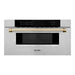 ZLINE Autograph Package - 36 In. Dual Fuel Range, Range Hood, Refrigerator with Water and Ice Dispenser, Microwave and Dishwasher in Stainless Steel with Gold Accents