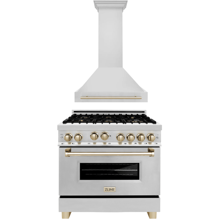 ZLINE Autograph Package - 36 In. Gas Range and Range Hood in Stainless Steel with Gold Accents, 2AKP-RGRH36-G