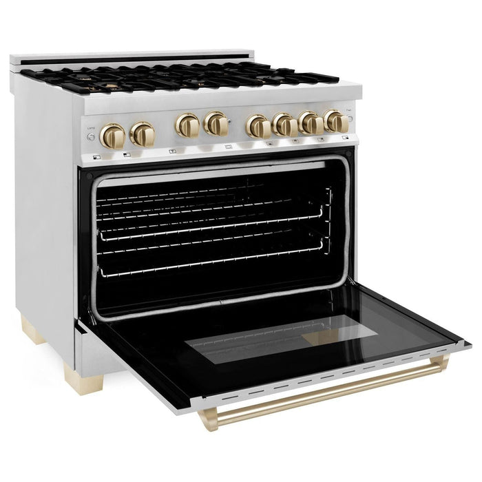 ZLINE Autograph Package - 36 In. Gas Range and Range Hood in Stainless Steel with Gold Accents, 2AKP-RGRH36-G