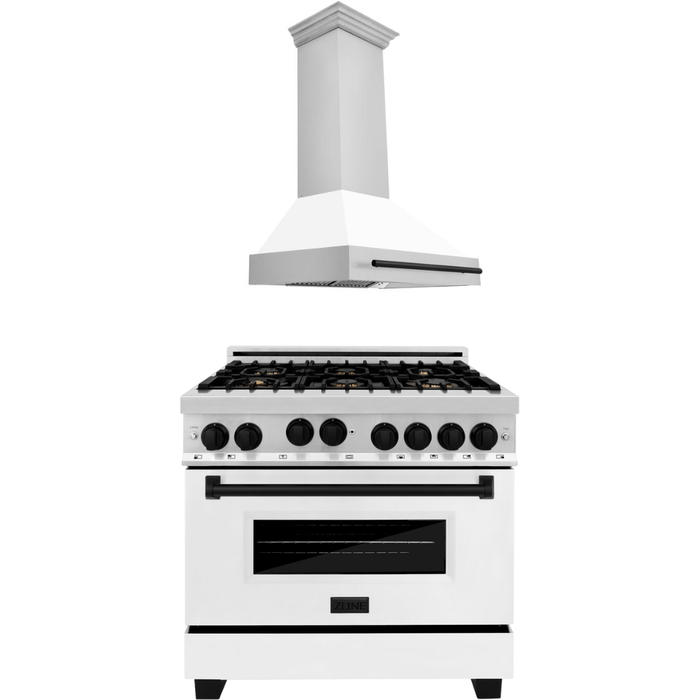 ZLINE Autograph Package - 36 In. Gas Range and Range Hood with White Matte Door and Matte Black Accents, 2AKP-RGWMRH36-MB