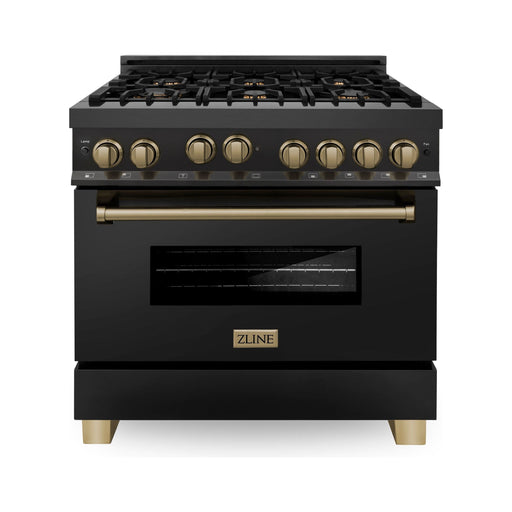 ZLINE Autograph Package - 36 In. Gas Range, Range Hood, Dishwasher in Black Stainless Steel with Champagne Bronze Accents, 3AKP-RGBRHDWV36-CB