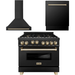 ZLINE Autograph Package - 36 In. Gas Range, Range Hood, Dishwasher in Black Stainless Steel with Gold Accents, 3AKP-RGBRHDWV36-G