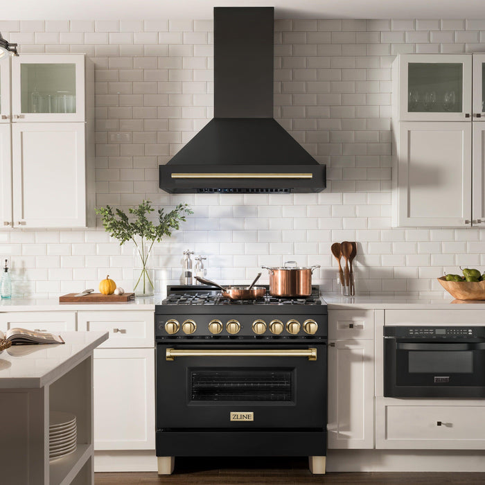 ZLINE Autograph Package - 36 In. Gas Range, Range Hood, Dishwasher in Black Stainless Steel with Gold Accents, 3AKP-RGBRHDWV36-G