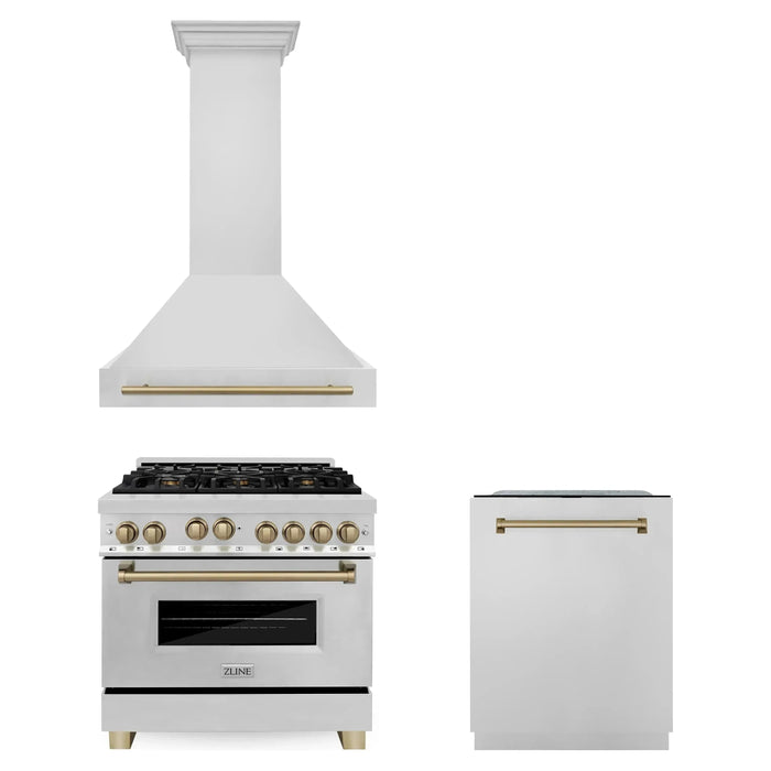 ZLINE Autograph Package - 36 In. Gas Range, Range Hood, Dishwasher in Stainless Steel with Champagne Bronze Accents, 3AKP-RGRHDWM36-CB