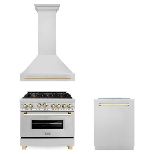 ZLINE Autograph Package - 36 In. Gas Range, Range Hood, Dishwasher in Stainless Steel with Gold Accents, 3AKP-RGRHDWM36-G