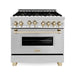 ZLINE Autograph Package - 36 In. Gas Range, Range Hood, Dishwasher in Stainless Steel with Gold Accents, 3AKP-RGRHDWM36-G