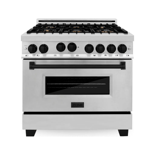 ZLINE Autograph Package - 36 In. Gas Range, Range Hood, Dishwasher in Stainless Steel with Matte Black Accents, 3AKP-RGRHDWM36-MB