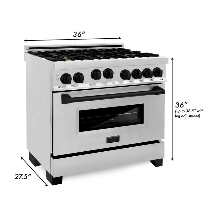 ZLINE Autograph Package - 36 In. Gas Range, Range Hood, Dishwasher in Stainless Steel with Matte Black Accents, 3AKP-RGRHDWM36-MB