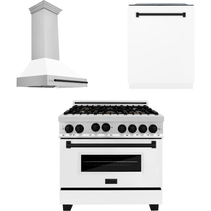 ZLINE Autograph Package - 36 In. Gas Range, Range Hood, Dishwasher in White Matte with Matte Black Accents, 3AKP-RGWMRHDWM36-MB