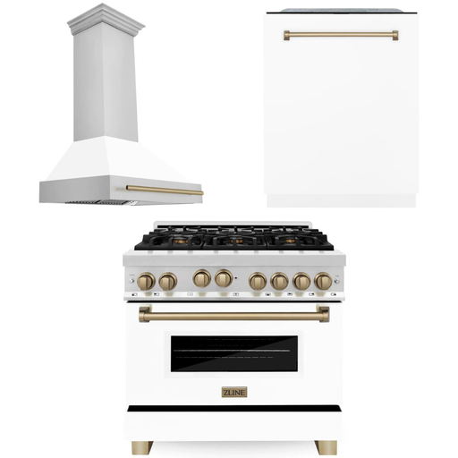 ZLINE Autograph Package - 36 In. Gas Range, Range Hood, Dishwasher in White with Champagne Bronze Accents, 3AKP-RGWMRHDWM36-CB