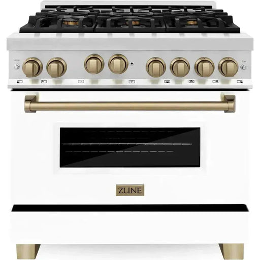 ZLINE Autograph Package - 36 In. Gas Range, Range Hood, Dishwasher in White with Champagne Bronze Accents, 3AKP-RGWMRHDWM36-CB