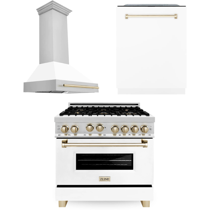 ZLINE Autograph Package - 36 In. Gas Range, Range Hood, Dishwasher in White with Gold Accents, 3AKP-RGWMRHDWM36-G