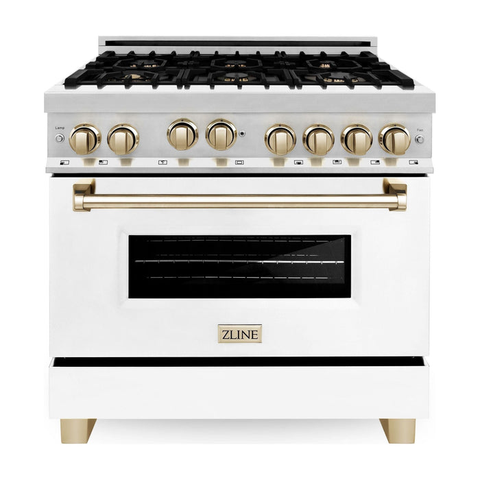 ZLINE Autograph Package - 36 In. Gas Range, Range Hood, Dishwasher in White with Gold Accents, 3AKP-RGWMRHDWM36-G