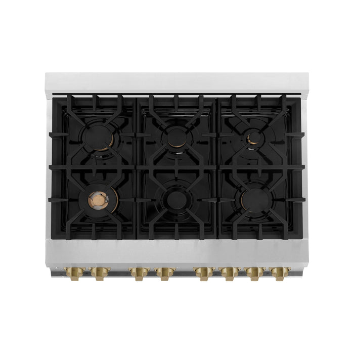 ZLINE Autograph Package - 36 In. Gas Range, Range Hood, Dishwasher, Refrigerator with Champagne Bronze Accents, 4KAPR-RGRHDWM36-CB