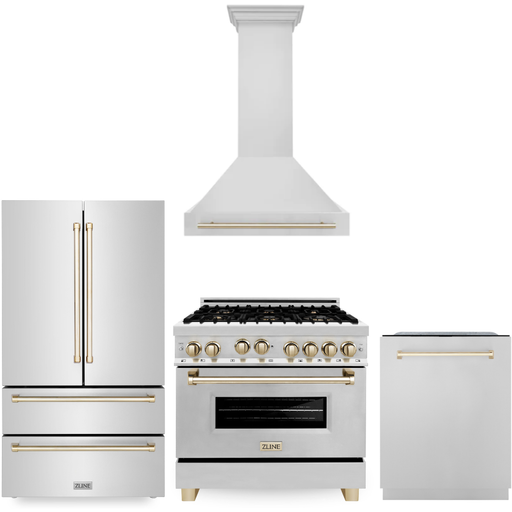 ZLINE Autograph Package - 36 In. Gas Range, Range Hood, Dishwasher, Refrigerator with Gold Accents, 4KAPR-RGRHDWM36-G