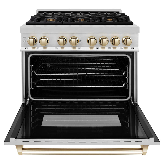 ZLINE Autograph Package - 36 In. Gas Range, Range Hood, Dishwasher, Refrigerator with Gold Accents, 4KAPR-RGRHDWM36-G