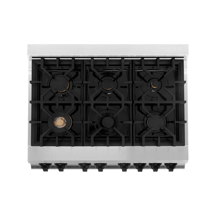 ZLINE Autograph Package - 36 In. Gas Range, Range Hood, Dishwasher, Refrigerator with Matte Black Accents, 4KAPR-RGRHDWM36-MB