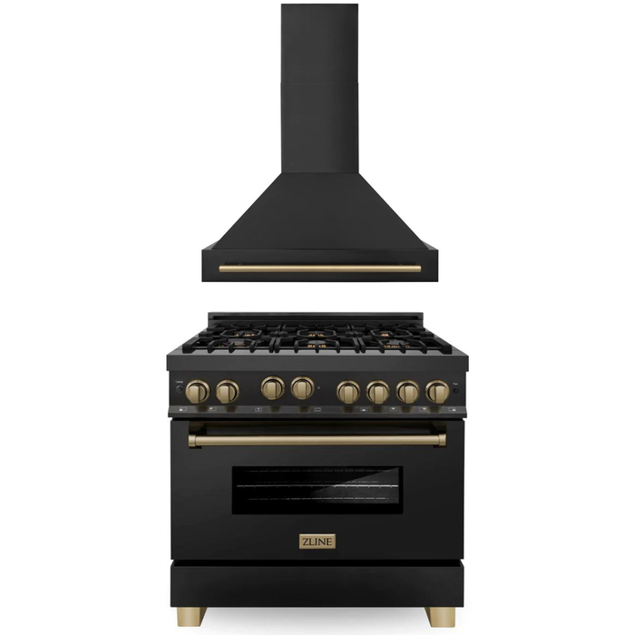 ZLINE Autograph Package - 36 In. Gas Range, Range Hood in Black Stainless Steel with Champagne Bronze Accents, 2AKP-RGBRH36-CB