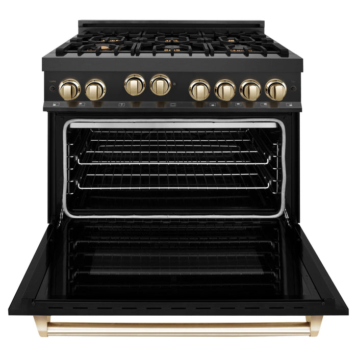 ZLINE Autograph Package - 36 In. Gas Range, Range Hood in Black Stainless Steel with Gold, 2AKP-RGBRH36-G