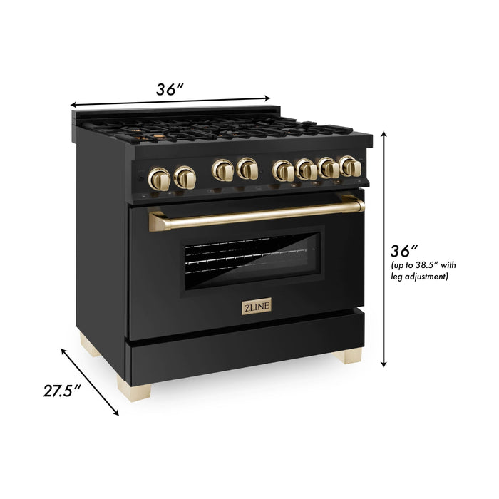 ZLINE Autograph Package - 36 In. Gas Range, Range Hood in Black Stainless Steel with Gold, 2AKP-RGBRH36-G