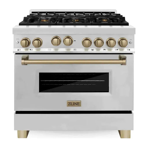 ZLINE Autograph Package - 36 In. Gas Range, Range Hood in Stainless Steel with Champagne Bronze Accents, 2AKP-RGRH36-CB