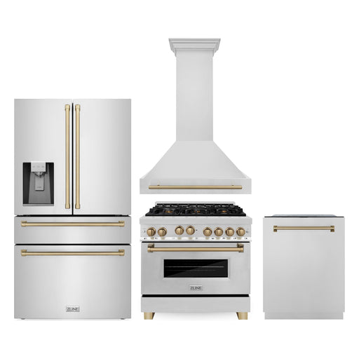 ZLINE Autograph Package - 36 In. Gas Range, Range Hood, Refrigerator, and Dishwasher in Stainless Steel with Champagne Bronze Accents, 4AKPR-RGRHDWM36-CB