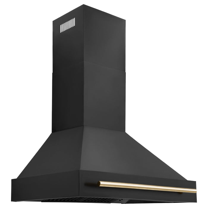 ZLINE Autograph Package - 36 In. Gas Range, Range Hood, Refrigerator with Water and Ice Dispenser, and Dishwasher in Black Stainless Steel with Gold Accents, 4KAPR-RGBRHDWV36-G