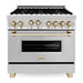 ZLINE Autograph Package - 36 In. Gas Range, Range Hood, Refrigerator with Water and Ice Dispenser, Dishwasher in Stainless Steel with Gold Accent, 4AKPR-RGRHDWM36-G