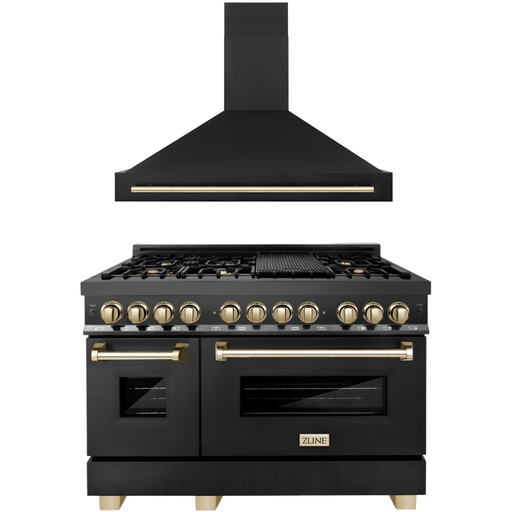 ZLINE Autograph Package - 48 In. Dual Fuel Range and Range Hood in Black Stainless Steel with Gold Accents, 2AKPR-RABRH48-G