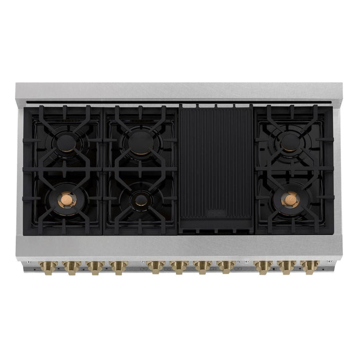 ZLINE Autograph Package - 48 In. Dual Fuel Range and Range Hood in DuraSnow® Stainless Steel with Champagne Bronze Accents, 2AKPR-RASRH48-CB