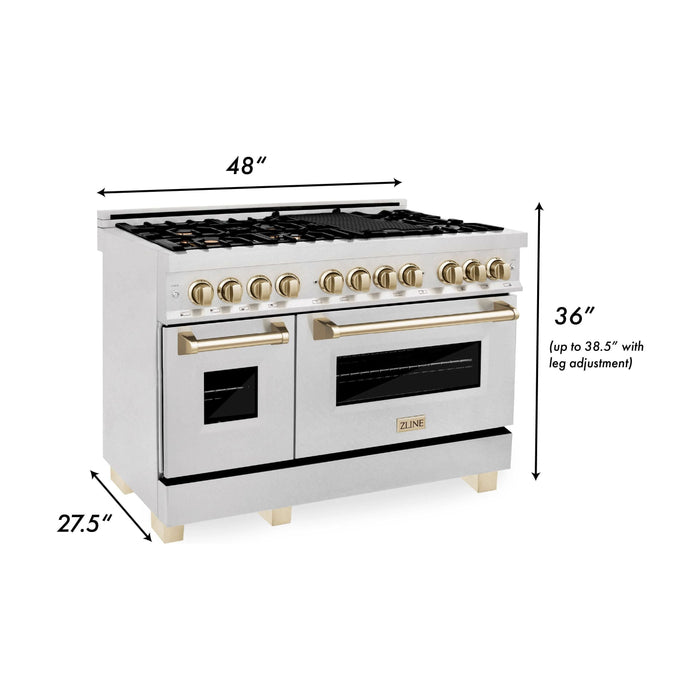 ZLINE Autograph Package - 48 In. Dual Fuel Range and Range Hood in DuraSnow® Stainless Steel with Gold Accents, 2AKPR-RASRH48-G