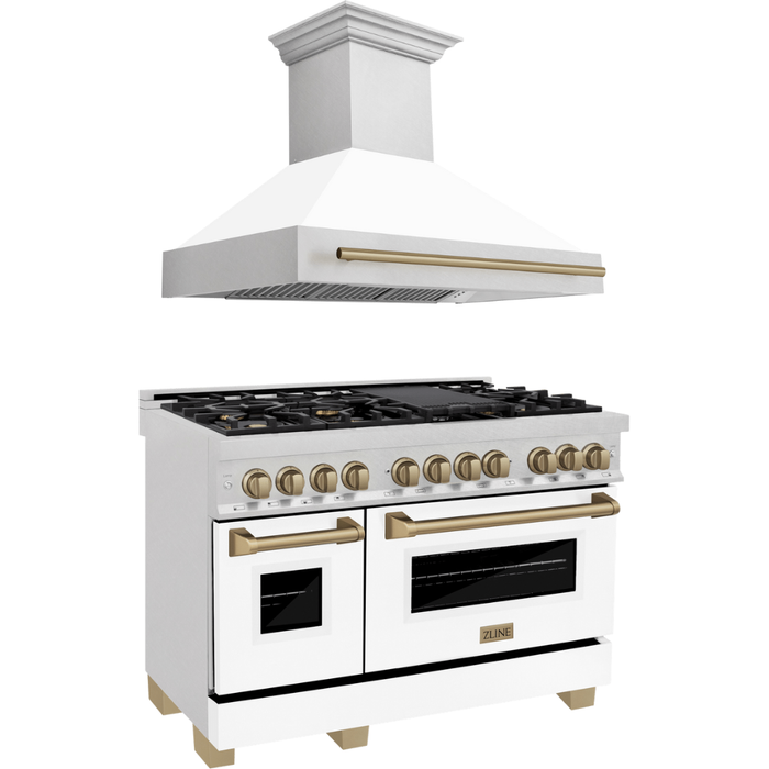 ZLINE Autograph Package - 48 In. Dual Fuel Range and Range Hood in DuraSnow® Stainless Steel with White Matte Door and Champagne Bronze Accents, 2AKPR-RASWMRH48-CB