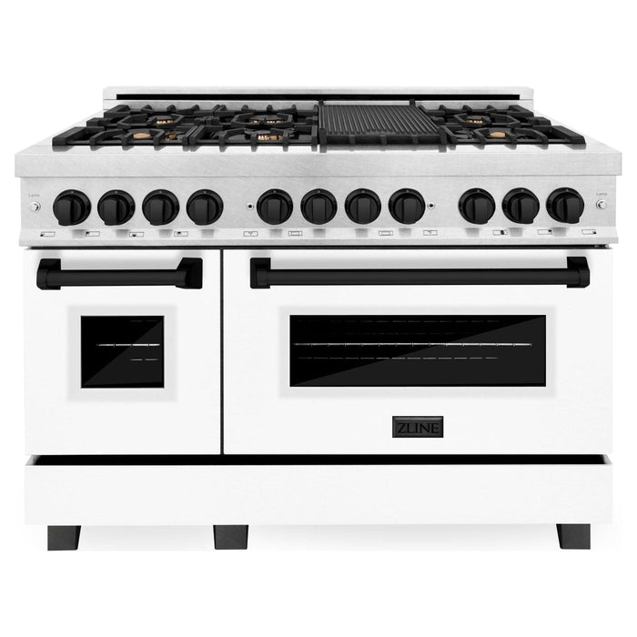 ZLINE Autograph Package - 48 In. Dual Fuel Range and Range Hood in DuraSnow® Stainless Steel with White Matte Door and Matte Black Accents, 2AKPR-RASWMRH48-MB