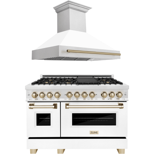 ZLINE Autograph Package - 48 In. Dual Fuel Range and Range Hood in DuraSnow® Stainless Steel with White Matte Finish and Gold Accents, 2AKPR-RASWMRH48-G