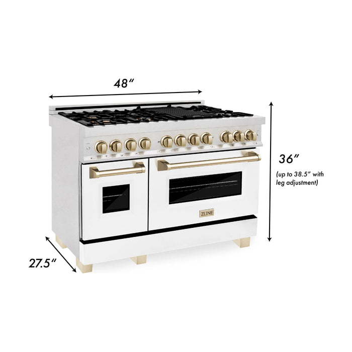 ZLINE Autograph Package - 48 In. Dual Fuel Range and Range Hood in DuraSnow® Stainless Steel with White Matte Finish and Gold Accents, 2AKPR-RASWMRH48-G