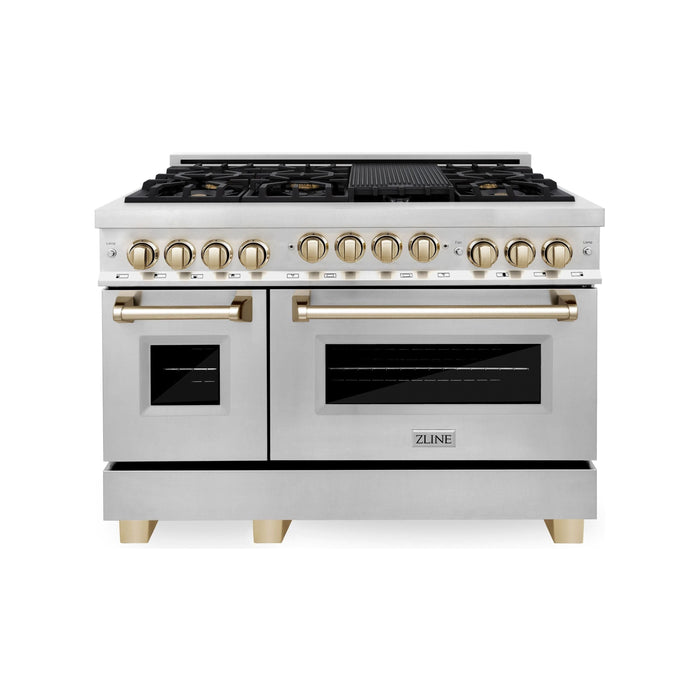 ZLINE Autograph Package - 48 In. Dual Fuel Range and Range Hood in Stainless Steel with Gold Accents, 2AKPR-RARH48-G