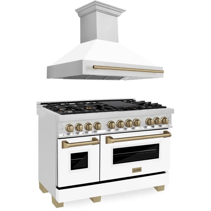 ZLINE Autograph Package - 48 In. Dual Fuel Range and Range Hood in Stainless Steel with White Matte Finish and Champagne Bronze Accents, 2AKPR-RAWMRH48-CB