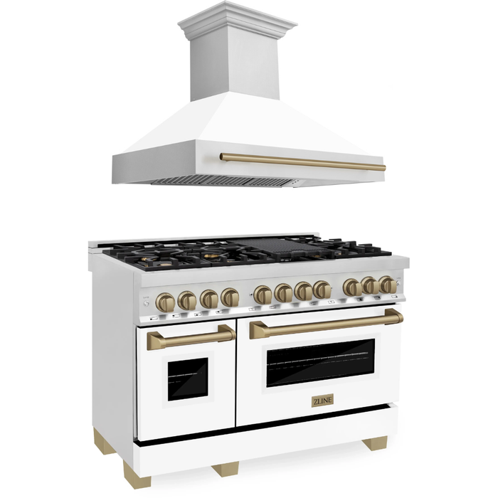 ZLINE Autograph Package - 48 In. Dual Fuel Range and Range Hood with White Matte Door and Champagne Bronze Accents, 2AKP-RAWMRH48-CB