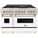 ZLINE Autograph Package - 48 In. Dual Fuel Range and Range Hood with White Matte Door and Gold Accents, 2AKP-RAWMRH48-G