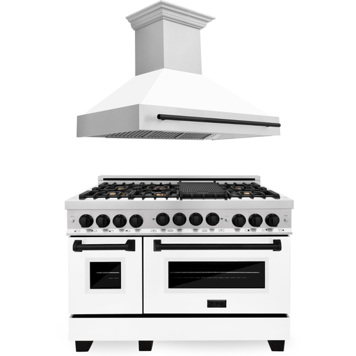 ZLINE Autograph Package - 48 In. Dual Fuel Range and Range Hood with White Matte Finish and Matte Black Accents, 2AKPR-RAWMRH48-MB