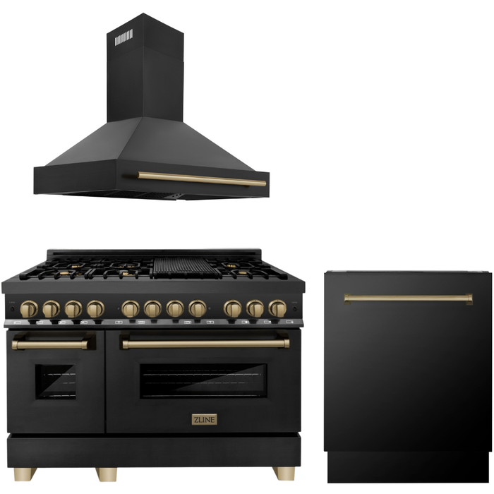 ZLINE Autograph Package - 48 In. Dual Fuel Range, Range Hood and Dishwasher in Black Stainless Steel with Champagne Bronze Accents, 3AKPR-RABRHDWV48-CB