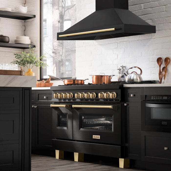 ZLINE Autograph Package - 48 In. Dual Fuel Range, Range Hood and Dishwasher in Black Stainless Steel with Gold Accents, 3AKPR-RABRHDWV48-G