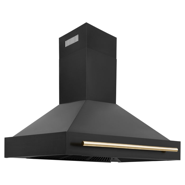 ZLINE Autograph Package - 48 In. Dual Fuel Range, Range Hood and Dishwasher in Black Stainless Steel with Gold Accents, 3AKPR-RABRHDWV48-G