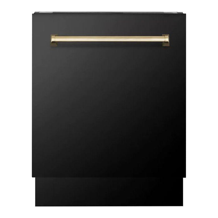 ZLINE Autograph Package - 48 In. Dual Fuel Range, Range Hood and Dishwasher in Black Stainless Steel with Gold Accents, 3AKPR-RABRHDWV48-G